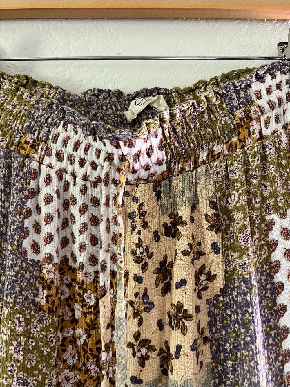 Easel Bohemian Tiered Maxi Skirt in Olive and Cream Patchwork - Picture 2 of 5